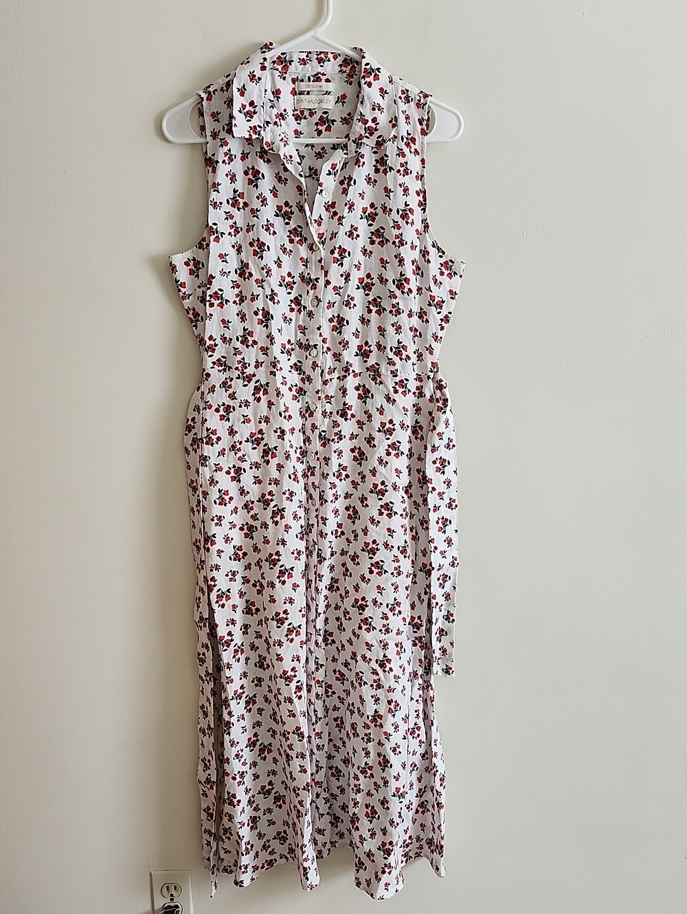 Cynthia Rowley White Maxi Dress with Red Ditsy Floral Print 100 Linen Button Up